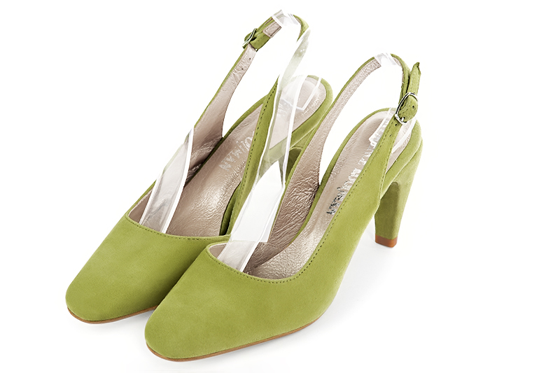 Pistachio green women's slingback shoes. Round toe. High slim heel. Front view - Florence KOOIJMAN
